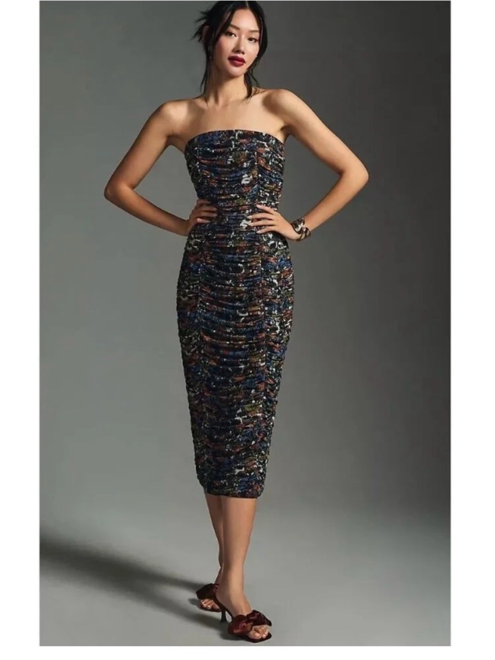 Anthropologie Let Me Be Ruched Strapless Midi Dress